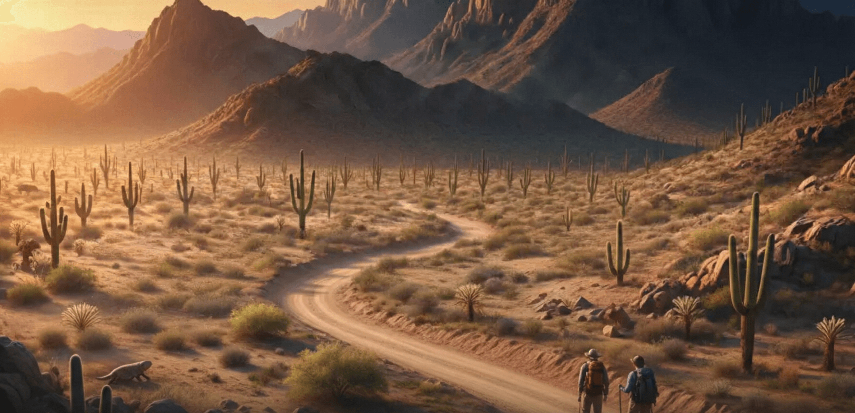 Chuckwalla desert landscape with hikers on winding trail at sunset